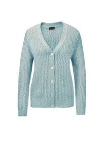 Strickjacke GOLDNER "Kurzgr&ouml;&szlig;e Langarm Strickjacke mit V-Ausschnitt", Damen, Gr. 22, gr&uuml;n (gr&uuml;n, wei&szlig;, gemustert), Obermaterial: 54% Baumwolle CO. 27% Polyacryl PAN. 19% Polyester PES., Basic, normal, Rippe, Strickjacken Strickjacke, Knopfleiste