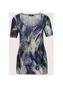 Madeleine Mode Kurzarmshirt MADELEINE "Shirt Kurzarm-Shirt mit Unikat-Druck", Damen, Gr. 38, schwarz (schwarz, multicolor, petrol), Obermaterial: 92% Viskose CV. 8% Elasthan EL., Modern, normal, Shirts