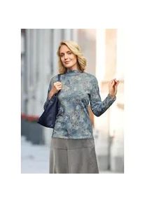 Rundhalspullover GOLDNER "Floraler Strickpullover mit Stehkragen", Damen, Gr. 50, blau (rauchblau, gemustert), Obermaterial: 65% Polyester PES. 35% Viskose CV., Pullover Rundhalspullover, hoher Baumwollanteil