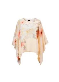 Satinbluse GOLDNER "Kurzgr&ouml;&szlig;e Chiffonbluse mit floralem Design", Damen, Gr. 22, orange (pfirsich, gemustert), Obermaterial: 96% Polyester PES. 4% Elasthan EL., Modisch, normal, Asymmetrisch, Blusen, &Uuml;berwurf