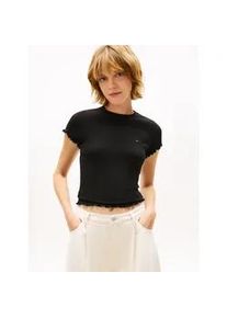 Tommy Hilfiger T-Shirt TOMMY JEANS "TJW SLIM LETTUCE EDGE RIB SS", Damen, Gr. XS (34), schwarz, Single Jersey, Obermaterial: 95% Baumwolle, 5% Elasthan, unifarben, slim fit, V-Ausschnitt, Shirts T-Shirt, mit gerippter Struktur