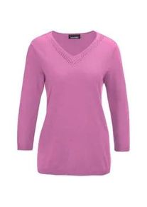 Rundhalspullover GOLDNER "Unkomplizierter Pullover mit V-Ausschnitt", Damen, Gr. 50, pink (malve), Obermaterial: 50% Baumwolle CO. 50% Polyacryl PAN., Rippe, Pullover Rundhalspullover, Mit h&uuml;bschen Ajourdetails am V-Ausschnitt