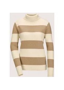 Madeleine Mode Longpullover MADELEINE "Pullover Stehkragen-Pullover mit Blockstreifen", Damen, Gr. 40/42, wei&szlig; (wollwei&szlig;, caramel, silberfarben), Obermaterial: 90% Schurwolle WV. 10% metallisierte Fasern MTF., Modern, normal, Pullover Longpullover
