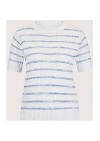 Madeleine Mode Longpullover MADELEINE "Pullover Ringel-Pullover mit kurzen &Auml;rmeln", Damen, Gr. 40/42, wei&szlig; (wei&szlig;, rauchblau), Obermaterial: 90% Baumwolle CO. 10% Polyamid PA., Modern, normal, Pullover Longpullover