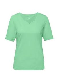 Langarm-Poloshirt GOLDNER "Kurzgr&ouml;&szlig;e Halbarm Basic-Shirt aus Baumwolle", Damen, Gr. 20, gr&uuml;n (hellgr&uuml;n), Obermaterial: 95% Baumwolle CO. 5% Elasthan EL., Tubular, Shirts, Ausschnitt in Herzform mit Schmucksteinen verziert