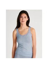 Tanktop Calida "Etude Toujours", Damen, Gr. S (40/42), aura blau, Single Jersey, Obermaterial: 95% Baumwolle, 5% Elasthan, figurbetont h&uuml;ftbedeckend, tiefer V-Ausschnitt, Tops Tanktop, zarte Spitze, Nadelstreifen-Design, Cotton-Mix, elastisch
