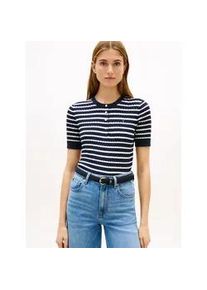 Strickpullover Tommy Hilfiger "CO CABLE FINE GG SS HENLEY", Damen, Gr. XS (34), schwarz night navy, ivory petal stp, Strick, Obermaterial: 100% Baumwolle, gestreift, bequem normal, Rundhals, Pullover Strickpullover, mit Zopfmuster