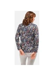 Print-Shirt GOLDNER "Kurzgr&ouml;&szlig;e Weicher Herbstsweater, Rei&szlig;verschluss", Damen, Gr. 20, blau (dunkelblau, dunkelrot, gemustert), Obermaterial: 65% Polyester PES. 35% Viskose CV., figurumspielend, Shirts, hochwertig bedruckt