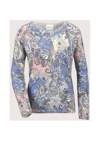 Madeleine Mode Longpullover MADELEINE "Strickpullover Eleganter Wollpullover mit Paisley-Muster", Damen, Gr. 36/38, grau (kiesel, rauchblau, multicolor), Obermaterial: 100% Schurwolle WV., Modern, normal, Pullover Longpullover