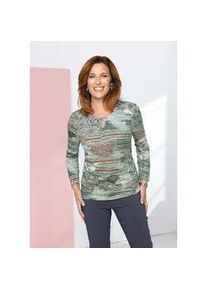 Print-Shirt GOLDNER "Kurzgr&ouml;&szlig;e Leichtes Druckshirt mit Allover-Design", Damen, Gr. 21, gr&uuml;n (salbei, gemustert), Obermaterial: 96% Polyester PES. 4% Elasthan EL., figurumspielend, Shirts, Druckmix verschiedener Strickstrukturen