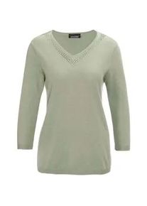 Rundhalspullover GOLDNER "Kurzgr&ouml;&szlig;e Pullover mit V-Ausschnitt", Damen, Gr. 22, gr&uuml;n (baummoos), Obermaterial: 50% Baumwolle CO. 50% Polyacryl PAN., Rippe, Pullover Rundhalspullover, Mit h&uuml;bschen Ajourdetails am V-Ausschnitt
