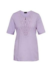 Kurzarmshirt GOLDNER "Rundhalsshirt mit H&auml;kelspitze", Damen, Gr. 48, lila (pastelllila), Obermaterial: 92% Baumwolle CO. 8% Elasthan EL., Tubular, Shirts, Effektvolle H&auml;kelspitze