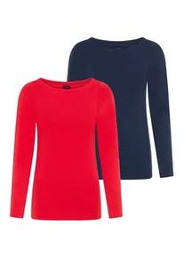 Longsleeve Laura Scott, Damen, Gr. 40/42, marine, rot, Single Jersey, Obermaterial: 95% Baumwolle, 5% Elasthan, unifarben, Basic, Basic h&uuml;ftbedeckend, U-Boot-Ausschnitt, Shirts, Basic-Stil und Passform, mit U-Boot-Ausschnitt