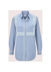 Madeleine Mode Langarmbluse MADELEINE "Streifenbluse Streifenbluse mit Spitze", Damen, Gr. 40, wei&szlig; (wollwei&szlig;, rauchblau), Obermaterial: 100% Baumwolle CO., Modern, normal, Blusen