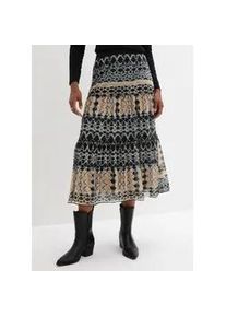 Stufenrock bonprix "Stufenrock", Damen, Gr. 48/50 (XL), blau (nachtblau, kieselbeige bedruckt), Web, Obermaterial: 96% Polyester, 4% Elasthan. Futter: 100% Polyester, bedruckt, gemustert, loose fit 3/4-L&auml;nge, R&ouml;cke, aus leichtem Materialmix, mit elastischem Bund, lockerer Schnitt