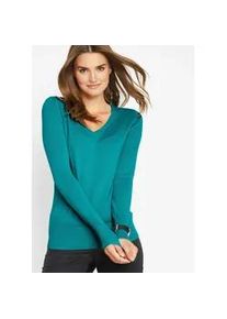 Strickpullover bonprix "Feinstrickpullover", Damen, Gr. 44/46 (L), meeresgr&uuml;n, Strick, Obermaterial: 70% Baumwolle, 30% Polyamid, schmal normal, V-Ausschnitt, Rippb&uuml;ndchen, Pullover Strickpullover, aus Baumwollmischung, mit V-Ausschnitt, schmale Passform