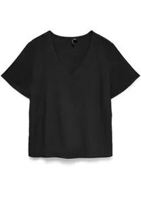 V&eacute;ro Moda Blusenshirt VERO MODA "VMMYMILO S/S V-NECK TOP WVN GA", Damen, Gr. L, schwarz, Jersey, Obermaterial: 55% Viskose, 45% Leinen, unifarben, regular fit normal, V-Ausschnitt, Shirts Blusenshirt, mit klassischem Schnitt