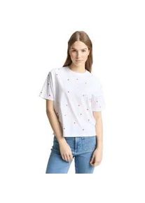 T-Shirt Tom Tailor DENIM, Damen, Gr. XL, wei&szlig; rot heart embroidery, Jersey, Obermaterial: 100% Baumwolle, bedruckt, regular fit normal, Rundhals, gerader Abschluss, Shirts T-Shirt, mit All-Over Print