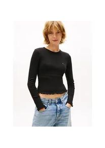 Tommy Hilfiger Langarmshirt TOMMY JEANS "TJW SLIM SH LETTUCE EDGE RIB LS", Damen, Gr. XS (34), schwarz, Single Jersey, Obermaterial: 95% Baumwolle, 5% Elasthan, unifarben, slim fit normal, Rundhals, Shirts Langarmshirt, mit gerippter Struktur, gewellter Saum