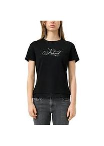 Rundhalsshirt QS, Damen, Gr. L (40), schwarz, Jersey, Obermaterial: 100% Baumwolle, bedruckt, tailliert h&uuml;ftbedeckend, Rundhals, Shirts Rundhalsshirt, mit Letter-Print und Spitze am Saum