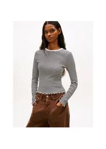 Tommy Hilfiger Langarmshirt TOMMY JEANS "TJW SLIM SH LETTUCE EDGE RIB LS", Damen, Gr. M (38), schwarz, ecru stripe, Single Jersey, Obermaterial: 95% Baumwolle, 5% Elasthan, gestreift, slim fit normal, Rundhals, Shirts Langarmshirt, mit gerippter Struktur, gewellter Saum