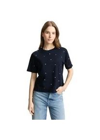 T-Shirt Tom Tailor DENIM, Damen, Gr. XS, navy pink heart embroidery, Jersey, Obermaterial: 100% Baumwolle, bedruckt, regular fit normal, Rundhals, gerader Abschluss, Shirts T-Shirt, mit All-Over Print