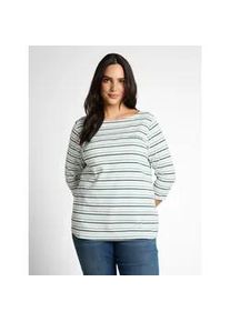 T-Shirt Tom Tailor PLUS, Damen, Gr. 46, blau haze multicolor stripe, Single Jersey, Obermaterial: 97% Baumwolle, 3% Elasthan, bedruckt, gestreift, regular fit normal, U-Boot-Ausschnitt, gerader Abschluss, Shirts T-Shirt, mit Schriftzug