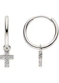 Paar Creolen Jobo "Ohrringe mit Kreuz 22 mm", silber 925, wei&szlig;, Ohrringe, Damen, 16mm, Silber 925 (Sterlingsilber), 925 Silber mit 12 Zirkonia