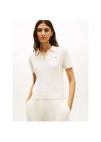 Poloshirt Tommy Hilfiger "CO CABLE POLO-NK SS SWEATER", Damen, Gr. XL (46), heather ivory petal, Single Jersey, Obermaterial: 100% Baumwolle, meliert, regular fit, Rundhals, Shirts, mit Zopfmuster