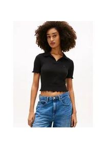 Tommy Hilfiger Strickpullover TOMMY JEANS "TJW LETTUCE POLO SWEATER", Damen, Gr. S (36), schwarz, Strick, Obermaterial: 100% Baumwolle, unifarben, Pullover Strickpullover