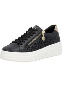 Plateausneaker Remonte, Damen, Gr. 41, schwarz, goldfarben, Leder, Lederimitat, Schuhe Plateausneaker, Halbschuh, Schn&uuml;rschuh mit Perforation und seitlichem Rei&szlig;verschluss