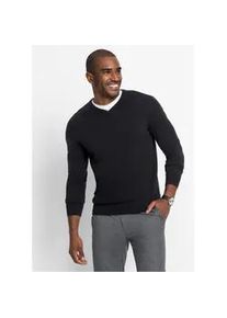 Strickpullover bonprix "Feinstrickpullover in Regular Fit", Herren, Gr. 52/54 (L), schwarz, Strick, Obermaterial: 70% Baumwolle, 30% Polyamid, unifarben, regular fit h&uuml;ftlang, V-Ausschnitt, Strickb&uuml;ndchen, Pullover Strickpullover, aus Feinstrickmaterial, mit V-Ausschnitt, Regular Fit