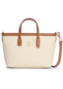 Tragetasche Tommy Hilfiger "TH MONOPLAY MINI TOTE LE", Damen, Gr. B/H/T: 27cm x 17cm x 9cm, natur, braun, Leder, Lederimitat, Taschen, Damen Handtasche, Umh&auml;ngetasche, Schultertasche mit TH-Allover-Druck