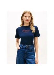 Kurzarmshirt Tommy Hilfiger "TILT GRAPHIC REG C-NK SS TEE", Damen, Gr. XS (34), schwarz night navy, Single Jersey, Obermaterial: 100% Baumwolle, bedruckt, unifarben, normal, Rundhals, Shirts, mit gro&szlig;em Logo-Print