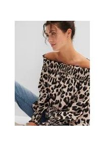 Longbluse bonprix, Damen, Gr. 38, beige (kreidebeige, braun leo bedruckt), Obermaterial: 100% Polyester, oversize, Blusen Longbluse, Oversize-Passform, Vokuhila-Schnitt, mit R&uuml;schen, aus Polyester