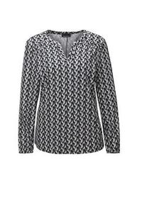 Kurzarmbluse GOLDNER "Elegantes Blusenshirt mit V-Ausschnitt", Damen, Gr. 48, grau (grau, gemustert), Obermaterial: 95% Polyester PES. 5% Elasthan EL., Gummib&uuml;ndchen, Blusen, Schulterpasse mit Kr&auml;uselung