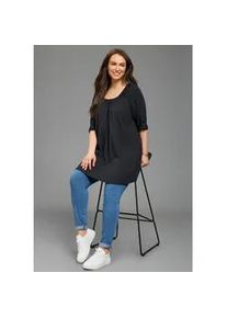 Longshirt LAURA SCOTT CURVE, Damen, Gr. 52/54, schwarz, Single Jersey, Obermaterial: 95% Viskose, 5% Elasthan, unifarben, Basic, A-Linie Po-bedeckend, Rundhals, Krempel&auml;rmel,Raglan&auml;rmel krempelbar, Shirts Longshirt, im A-Shape mit krempelbaren &Auml;rmeln