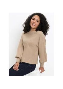 Strickpullover bonprix "Oversize-Pullover aus Viskose-Mix", Damen, Gr. 36/38 (S), beige meliert, Feinstrick, Obermaterial: 50% Viskose, 26% Polyamid, 24% Polyester, unifarben, bequem h&uuml;ftlang, hoch geschlossener Ausschnitt, extrabreites B&uuml;ndchen, Pullover Strickpullover, toller Viskose-Mix, mit modischen Ballon&auml;rmeln mit breiten B&uuml;ndchen