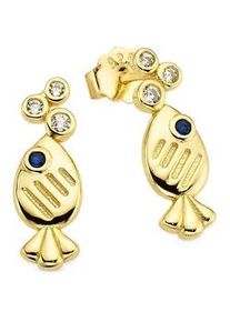 Paar Ohrstecker Firetti "Fisch-Optik Silber gelbgoldfarben vergoldet", gelbgoldfarben, kristallwei&szlig;, dunkelblau, kristallwei&szlig;, dunkelblau, Ohrringe, Damen, Fische, Silber 925 (Sterlingsilber), mit Zirkonia (synth.)