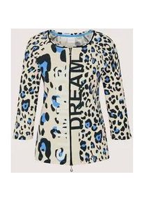 Madeleine Mode Langarmshirt MADELEINE "Shirtjacke Sportiver Halbarm Shirtblazer mit Print", Damen, Gr. 38, gletscherblau, perlwei&szlig;, schwarz, Obermaterial: 95% Baumwolle CO. 5% Elasthan EL., Modern, Shirts Langarmshirt, Rippenqualit&auml;t