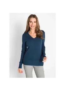 Strickpullover bonprix "Feinstrickpullover", Damen, Gr. 44/46 (L), dunkelblau, Strick, Obermaterial: 70% Baumwolle, 30% Polyamid, schmal normal, V-Ausschnitt, Rippb&uuml;ndchen, Pullover Strickpullover, aus Baumwollmischung, mit V-Ausschnitt, schmale Passform