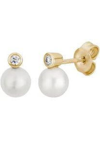Paar Ohrstecker LYOMI "585/- Gelbgold Perle 2 synth. Diam. 0,06ct.", gelb, wei&szlig;, Ohrringe, Damen, one-size, 0,06 VS = sehr kleine Einschl&uuml;sse, Gold
