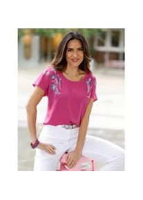 Schlupfbluse Classic Basics, Damen, Gr. 42, fuchsia, jeansblau, 100% Polyester, gebl&uuml;mt, gemustert, mehrfarbig, Rundhals, Blusen Schlupfbluse