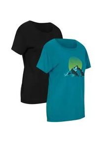 Funktionsshirt bonprix, Damen, Gr. 36/38 (S), blau (meerest&uuml;rkis, schwarz bedruckt), Jersey, Obermaterial: 95% Polyester, 5% Elasthan, bedruckt, unifarben, oversize Po-bedeckend, Rundhals, Umschlagsaum, Shirts Funktionsshirt, Oversized, &uuml;berschnittene Schultern, schnelltrocknendes Material