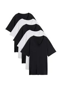 Longshirt bonprix "Weites Long-Shirt mit V-Ausschnitt, Kurzarm (5er Pack)", Damen, Gr. 48/50 (XL), schwarz (schwarz, schwarz, schwarz, wei&szlig;, wei&szlig;), Jersey, Obermaterial: 100% Baumwolle, unifarben, loose fit normal, V-Ausschnitt, gerader Abschluss, Shirts Longshirt, lockere Passform, Kurzarm, mit V-Ausschnitt, unifarben