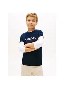 T-Shirt Tommy Hilfiger "MONOGRAM GRAPHIC T-SHIRT", Jungen, Gr. 10 (140), schwarz night navy, Single Jersey, Obermaterial: 100% Baumwolle, unifarben, regular fit normal, Rundhals, eingesetzt abgesteppte Kante, Shirts T-Shirt, Kinder bis 16 Jahre, Druck