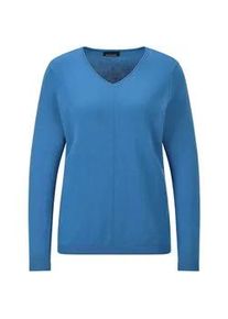 Rundhalspullover GOLDNER "Baumwollpullover mit V-Ausschnitt", Damen, Gr. 46, blau, Obermaterial: 95% Baumwolle CO. 5% Kaschmir WS., gerade, Pullover Rundhalspullover, mit Kaschmieranteil