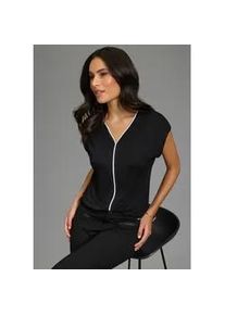 V-Shirt Laura Scott, Damen, Gr. 48/50, schwarz, wei&szlig;, Jersey, Obermaterial: 95% Viskose, 5% Elasthan. Einsatz: 100% Polyester, unifarben mit Farbeinsatz, Basic h&uuml;ftlang, V-Ausschnitt, angeschnitten, Shirts, mit elegantem Kontrast-Tape