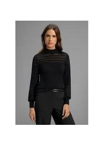 Stehkragenpullover Melrose, Damen, Gr. 34, schwarz, Feinstrick, Obermaterial: 74% Viskose, 26% Polyamid, Mesh, gestreift, leicht transparent, sehr figurbetont h&uuml;ftbedeckend, hoch geschlossener Ausschnitt, Rippstrickb&uuml;ndchen, Pullover Stehkragenpullover, mit transparenten Streifen und Ballon&auml;rmeln, Topseller