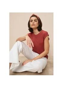 T-Shirt Tamaris, Damen, Gr. 44, rot (karminrot), Single Jersey, Obermaterial: 95% Viskose, 5% Elasthan, Basic, regular fit h&uuml;ftbedeckend, Rundhals, Aufschlag, Shirts T-Shirt, Regular Fit, mit &uuml;berlappenden Schultern, Kurzarm mit Aufschlag